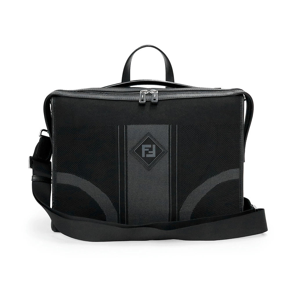 Fendi FF Leather Mesh NERO Black FUMO 2way Crossbody Business Briefcase